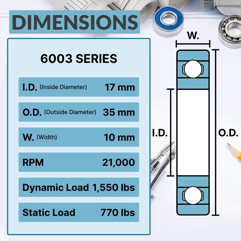 6003-ZZ Ball Bearing - C3 Clearance - 17x35x10 - Image 3