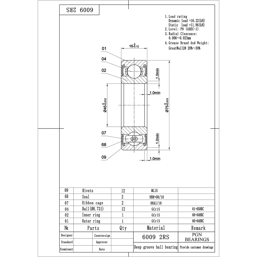 6009-2RS Ball Bearing - Lubricated Chrome Steel Sealed - 45x75x16 - Image 2