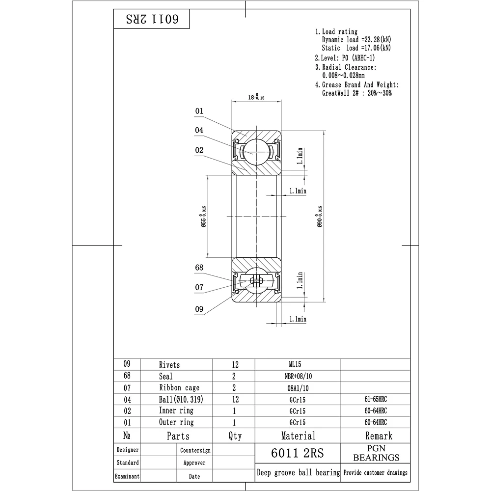 6011-2RS Ball Bearing - Lubricated Chrome Steel Sealed - 55x90x18 - Image 2