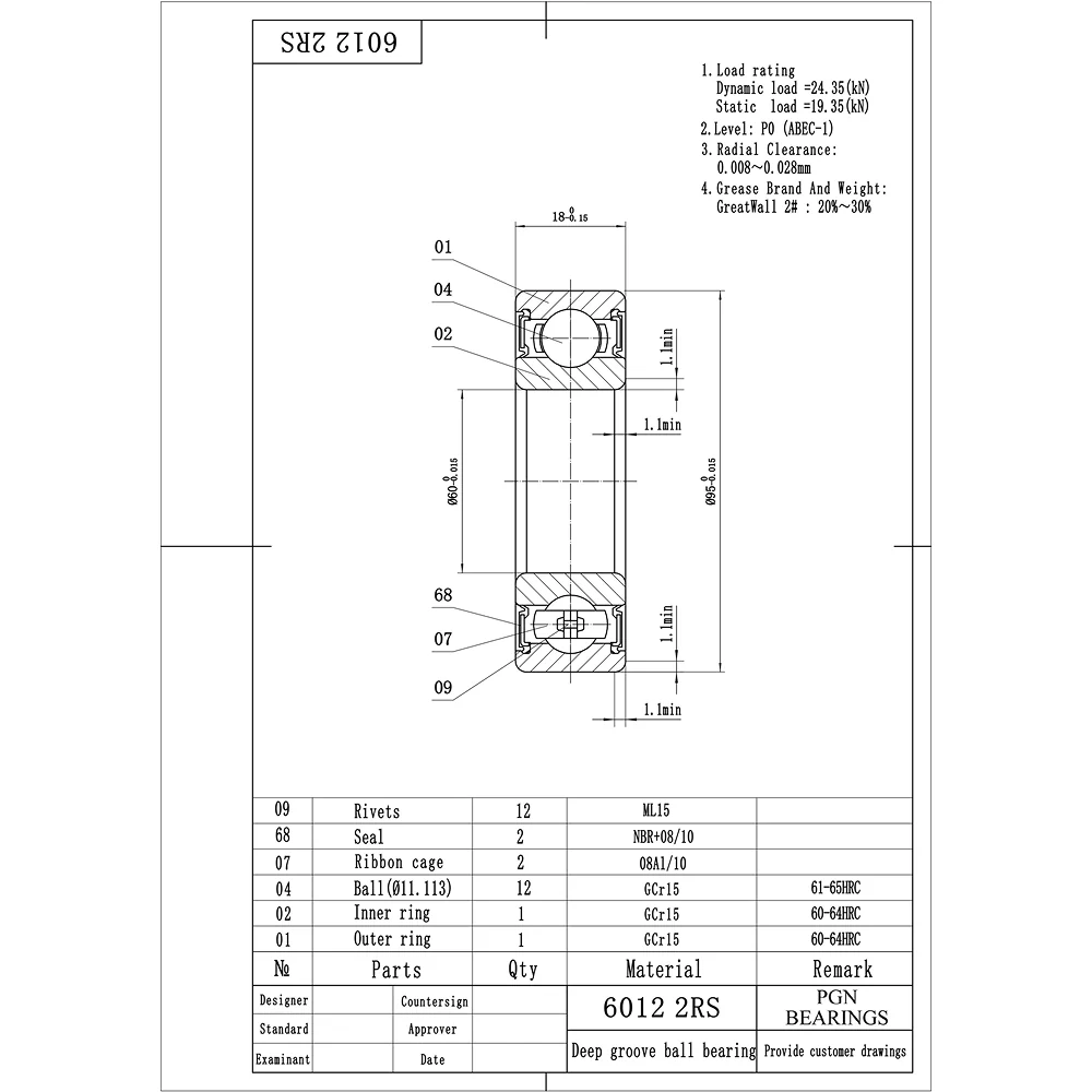 6012-2RS Ball Bearing - Lubricated Chrome Steel Sealed - 60x95x18 - Image 2