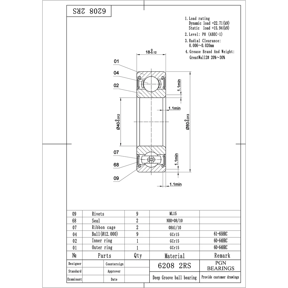 6208-2RS Ball Bearing - Lubricated Chrome Steel Sealed - 40x80x18 - Image 2