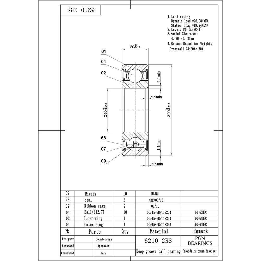 6210-2RS Ball Bearing - Lubricated Chrome Steel Sealed - 50x90x20 - Image 2