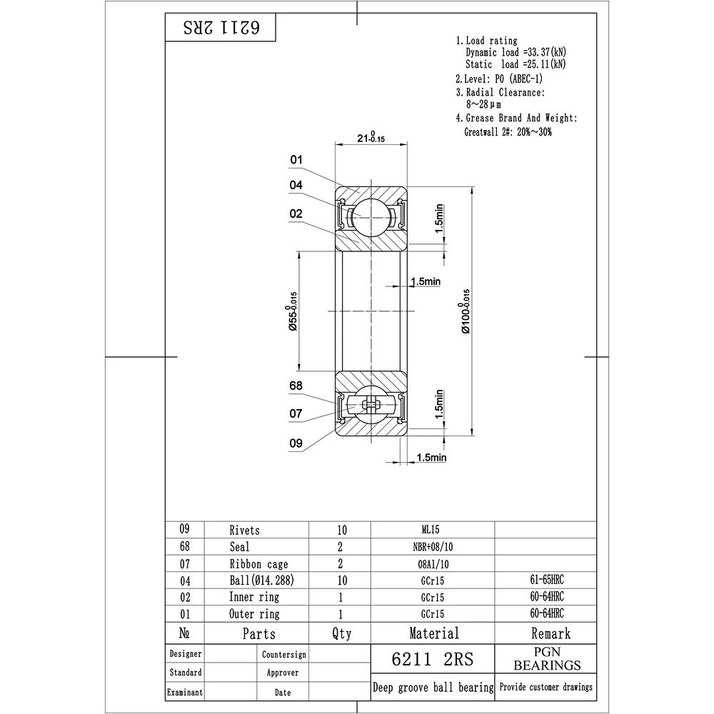 6211-2RS Ball Bearing - Lubricated Chrome Steel Sealed - 55x100x21 - Image 2