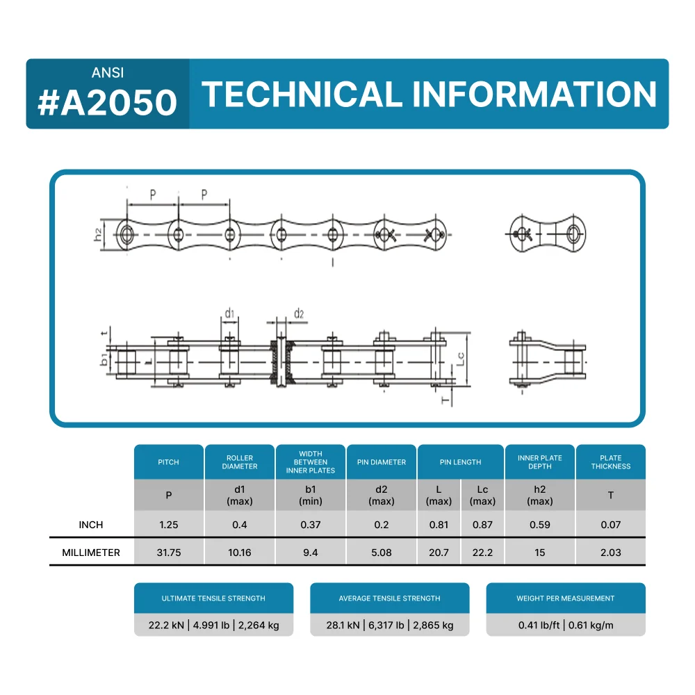 #A2050 Conveyor Roller Chain x 10 Feet + 2 Connecting Link - Image 3
